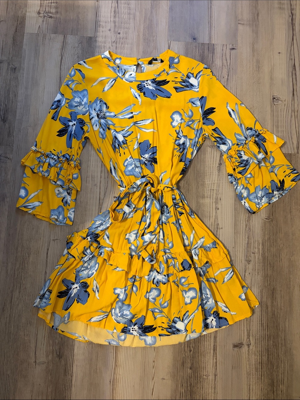 Yellow Floral Tie-Waist Ruffle Mini Dress